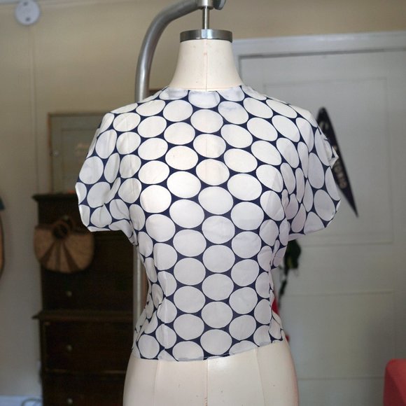 40s / 1940s Navy White Dot Sheer Blouse by Robert using Bemberg Rayon - Picture 1 of 10